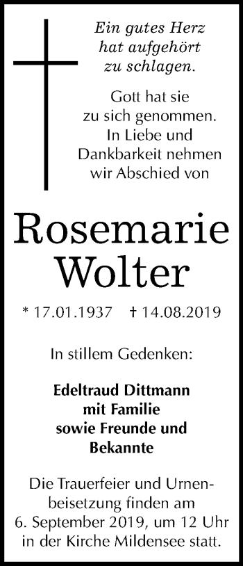 Traueranzeige von Rosemarie Wolter von Mitteldeutsche Zeitung Dessau-Roßlau