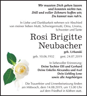 Traueranzeige von Rosi Brigitte Neubacher von Super Sonntag Köthen
