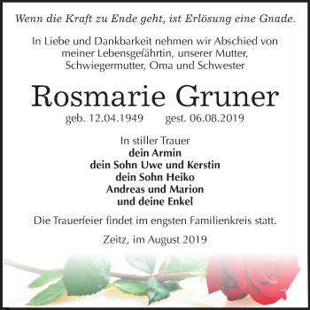 Traueranzeige von Rosmarie Gruner von Super Sonntag Zeitz