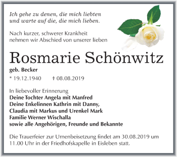 Traueranzeige von Rosmarie Schönwitz von Wochenspiegel Mansfelder Land