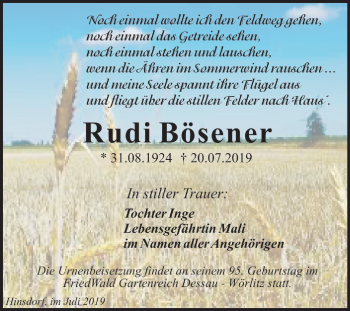 Traueranzeige von Rudi Bösener von Super Sonntag Köthen
