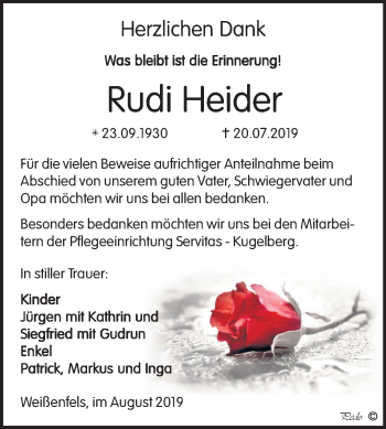 Traueranzeige von Rudi Heider von Wochenspiegel Weißenfels