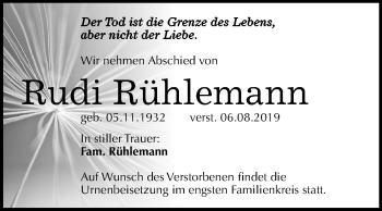 Traueranzeige von Rudi Rühlemann von Mitteldeutsche Zeitung Weißenfels