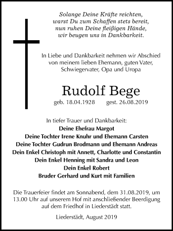 Traueranzeige von Rudolf Bege von Mitteldeutsche Zeitung Merseburg/Querfurt / Naumburg/Nebra