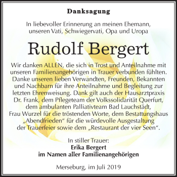 Traueranzeige von Rudolf Bergert von Super Sonntag Merseburg/Querfurt