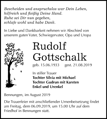 Traueranzeige von Rudolf Gottschalk von Super Sonntag Sangerhausen