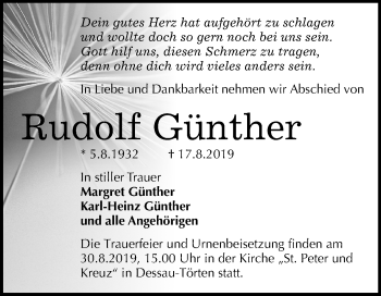 Traueranzeige von Rudolf Günther von Mitteldeutsche Zeitung Dessau-Roßlau