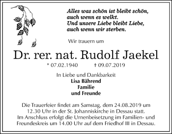 Traueranzeige von Rudolf Jaekel von Mitteldeutsche Zeitung Dessau-Roßlau