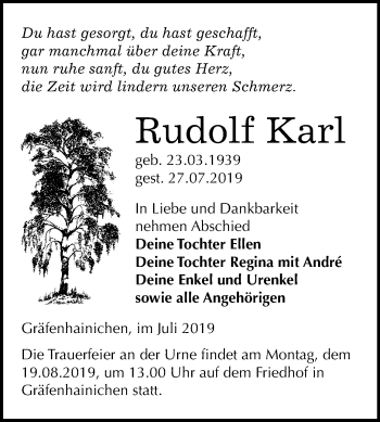 Traueranzeige von Rudolf Karl von Mitteldeutsche Zeitung Wittenberg