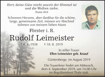 Traueranzeige von Rudolf Leimeister von Super Sonntag Quedlinburg