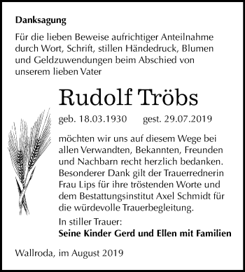 Traueranzeige von Rudolf Tröbs von Mitteldeutsche Zeitung Naumburg/Nebra
