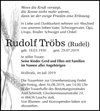 Traueranzeige von Rudolf Tröbs von Mitteldeutsche Zeitung Naumburg/Nebra