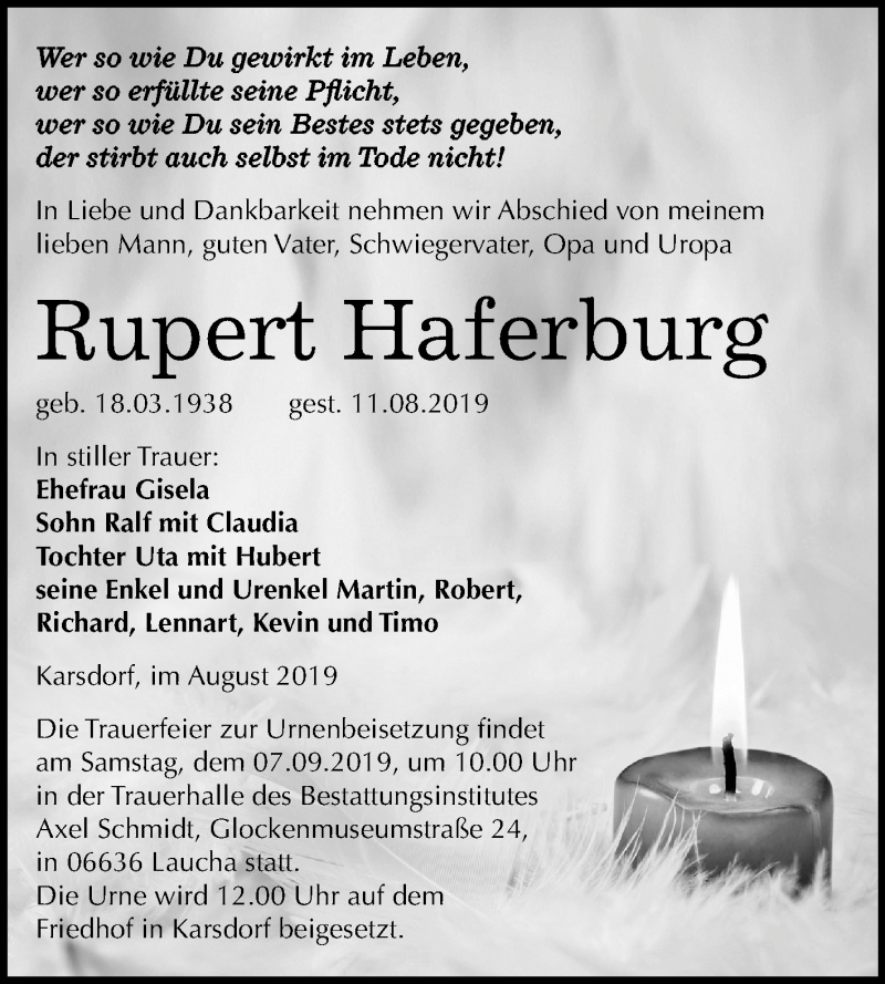  Traueranzeige für Rupert Haferburg vom 21.08.2019 aus Wochenspiegel Naumburg/Nebra