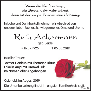 Traueranzeige von Ruth Ackermann von Super Sonntag Zeitz