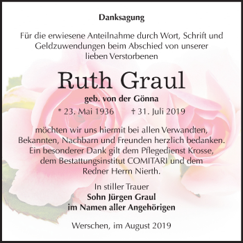 Traueranzeige von Ruth Graul von Wochenspiegel Weißenfels