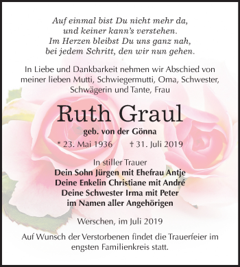 Traueranzeige von Ruth Graul von Mitteldeutsche Zeitung Weißenfels