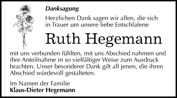 Traueranzeige von Ruth Hegemann von Super Sonntag Quedlinburg