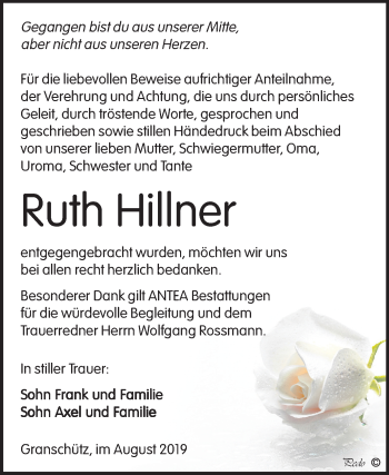 Traueranzeige von Ruth Hillner von Mitteldeutsche Zeitung Weißenfels