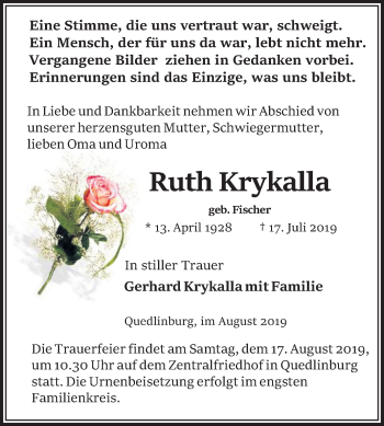 Traueranzeige von Ruth Krykalla von Super Sonntag Quedlinburg