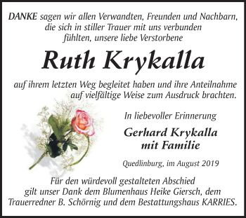 Traueranzeige von Ruth Krykalla von Mitteldeutsche Zeitung Quedlinburg