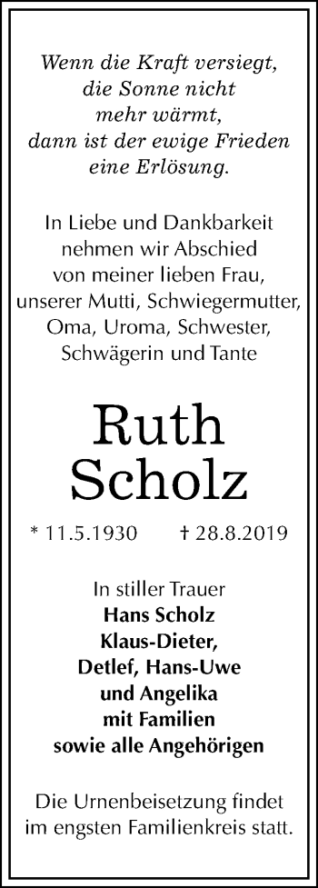 Traueranzeige von Ruth Scholz von Mitteldeutsche Zeitung Köthen