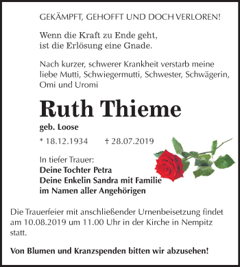 Traueranzeige von Ruth Thieme von Super Sonntag Merseburg/Querfurt