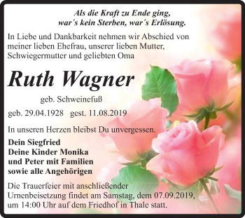 Traueranzeige von Ruth Wagner von Mitteldeutsche Zeitung Quedlinburg