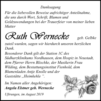 Traueranzeige von Ruth Wernecke von Super Sonntag Sangerhausen
