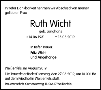 Traueranzeige von Ruth Wicht von Mitteldeutsche Zeitung Weißenfels