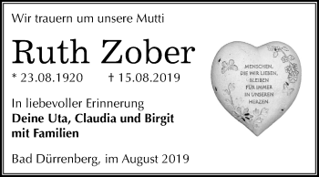 Traueranzeige von Ruth Zober von Mitteldeutsche Zeitung Merseburg/Querfurt