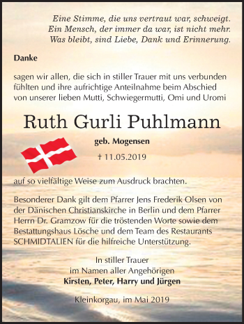 Traueranzeige von Ruth Gurli Puhlmann von Mitteldeutsche Zeitung Wittenberg