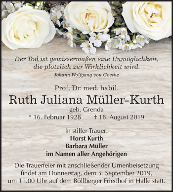 Traueranzeige von Ruth Juliana Müller-Kurth von Mitteldeutsche Zeitung Halle/Saalkreis