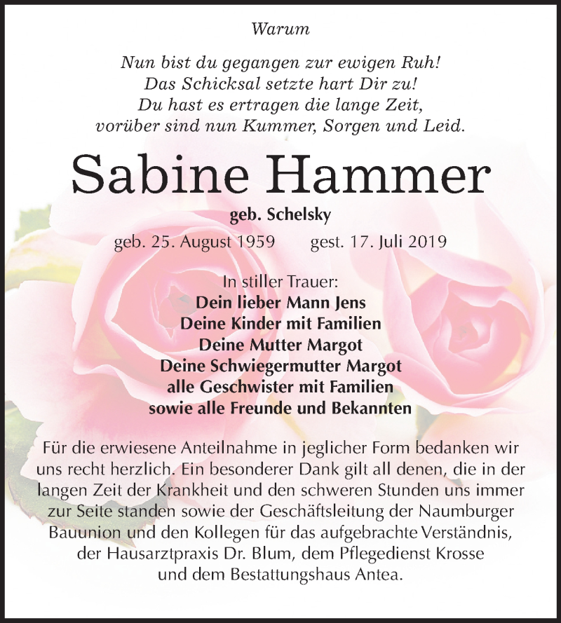  Traueranzeige für Sabine Hammer vom 10.08.2019 aus Mitteldeutsche Zeitung Weißenfels