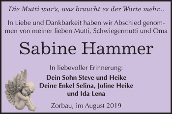 Traueranzeige von Sabine Hammer von Mitteldeutsche Zeitung Weißenfels