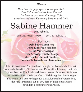 Traueranzeige von Sabine Hammer von Mitteldeutsche Zeitung Weißenfels