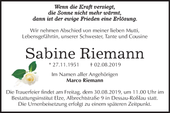 Traueranzeige von Sabine Riemann von Mitteldeutsche Zeitung Dessau-Roßlau