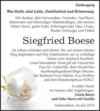 Traueranzeige von Siegfried Boese von Super Sonntag Mansfelder Land