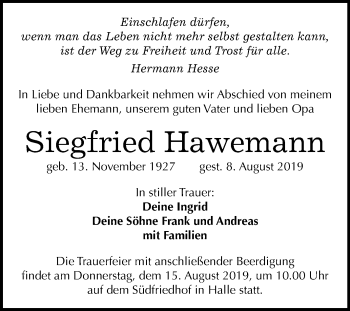 Traueranzeige von Siegfried Hawemann von Mitteldeutsche Zeitung Halle/Saalkreis