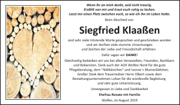 Traueranzeige von Siegfried Klaaßen von Mitteldeutsche Zeitung Bitterfeld