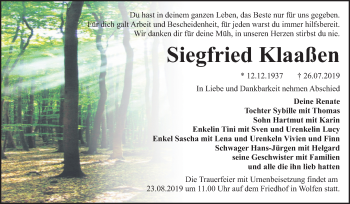 Traueranzeige von Siegfried Klaaßen von Wochenspiegel Bitterfeld