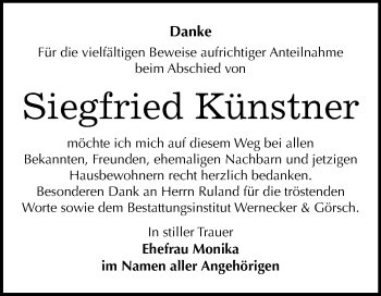 Traueranzeige von Siegfried Künstner von Super Sonntag Bernburg
