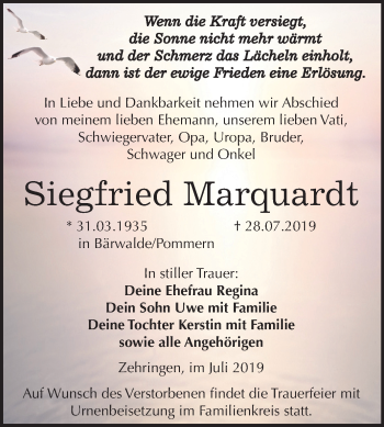 Traueranzeige von Siegfried Marquardt von Mitteldeutsche Zeitung Köthen