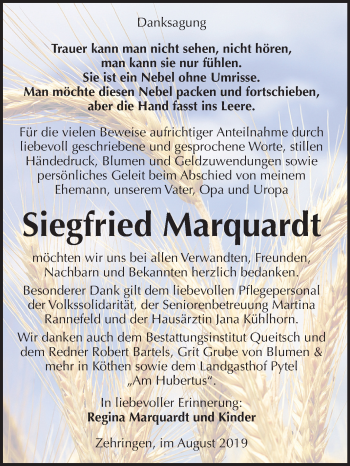 Traueranzeige von Siegfried Marquardt von Mitteldeutsche Zeitung Köthen