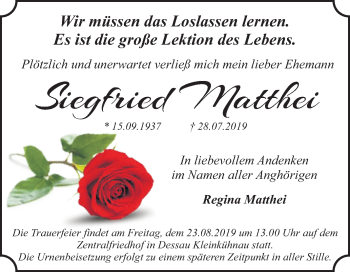 Traueranzeige von Siegfried Matthei von Mitteldeutsche Zeitung Dessau-Roßlau