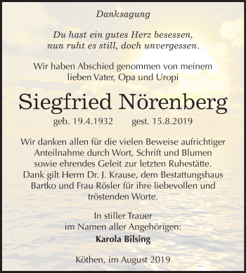 Traueranzeige von Siegfried Nörenberg von Super Sonntag Köthen