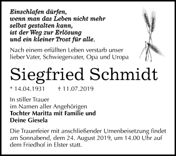 Traueranzeige von Siegfried Schmidt von Super Sonntag Wittenberg