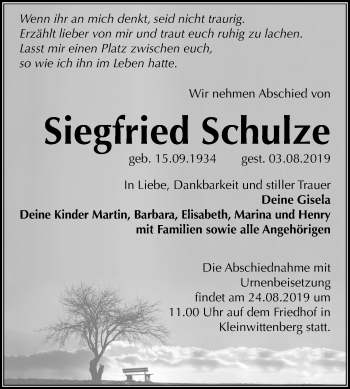 Traueranzeige von Siegfried Schulze von Super Sonntag Wittenberg