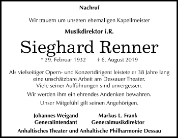 Traueranzeige von Sieghard Renner von Mitteldeutsche Zeitung Dessau-Roßlau