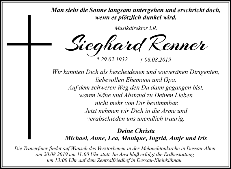  Traueranzeige für Sieghard Renner vom 10.08.2019 aus Mitteldeutsche Zeitung Dessau-Roßlau