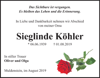Traueranzeige von Sieglinde Köhler von Mitteldeutsche Zeitung Bitterfeld
